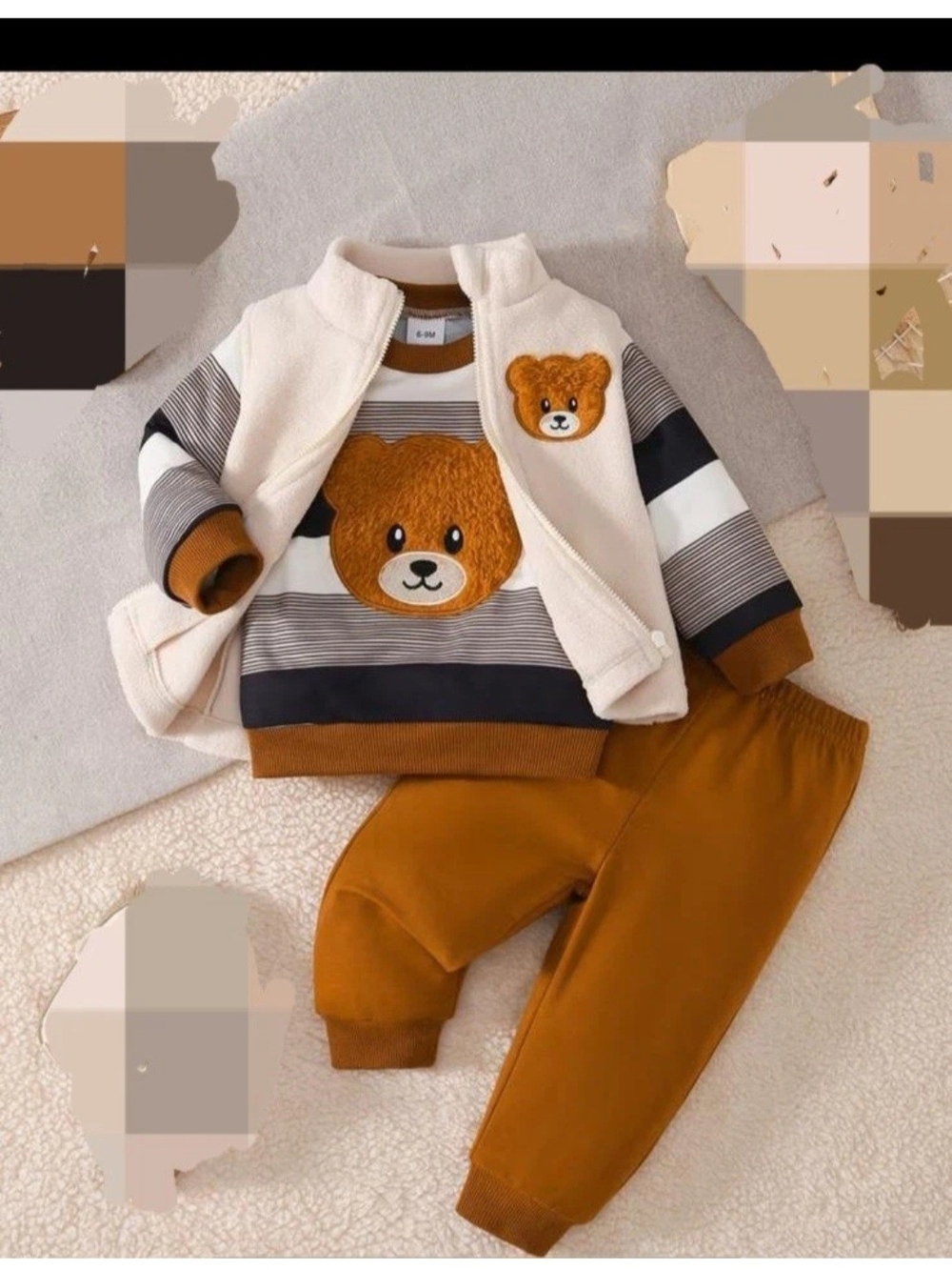 Kids Bear Stripe Sweatshirt Set with Cream Vest